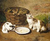 Kittens by a Bowl of Milk by Alfred Brunel de Neuville